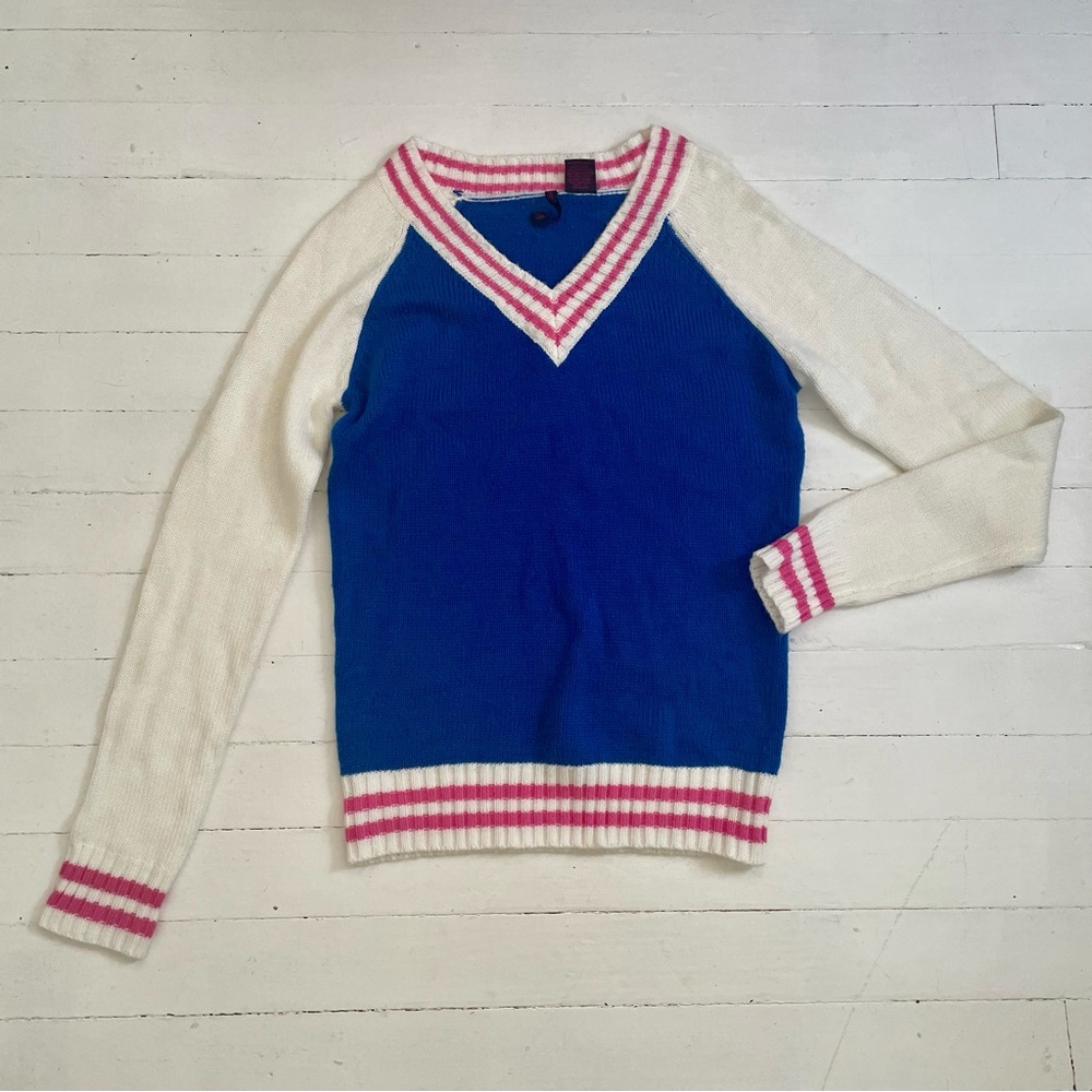 Vintage Y2K Heart N Crush blue/pink/white striped sweater XS varsity collegiate